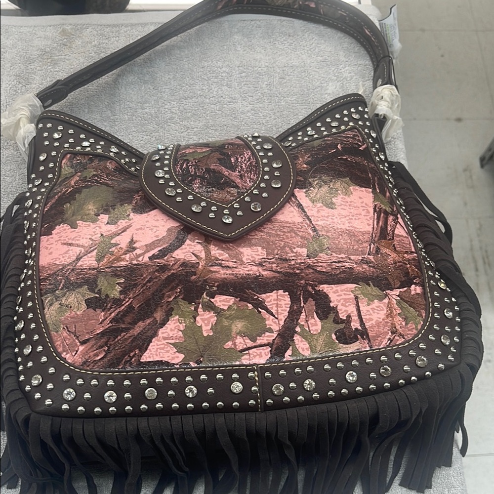 Montana West Pink and Brown Shoulder Bag with Fringe and Studs